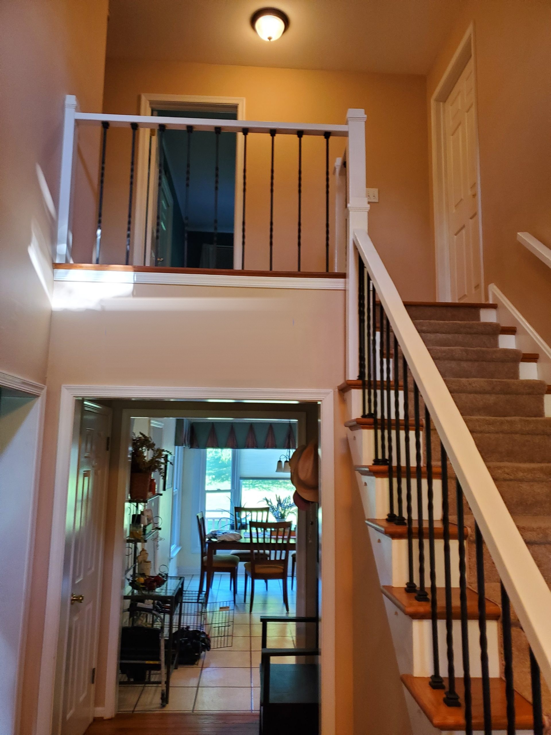 Two-story stair landing with black metal balusters overlooking a dining room
